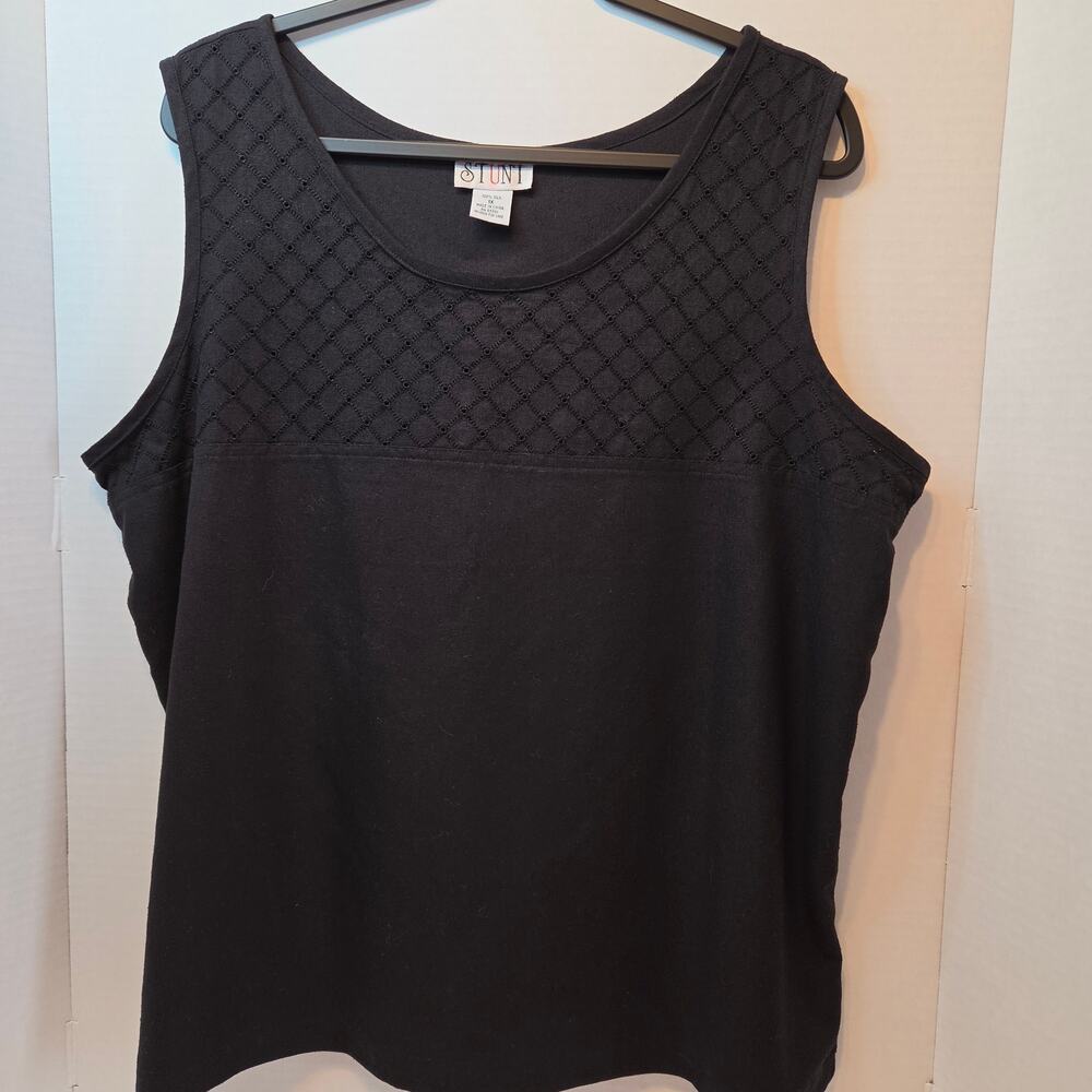 Women's Stunt Black 100% Silk sleeveless top diamond pattern eyelet yoke size 1X